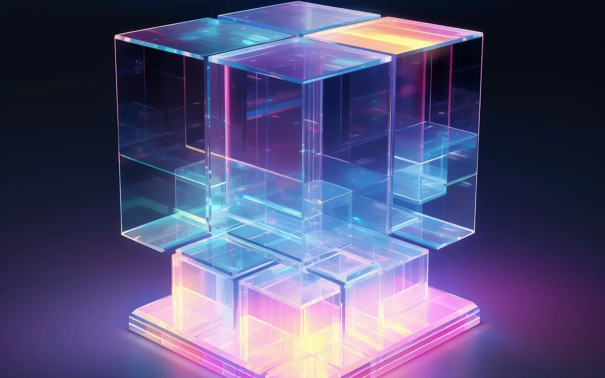 A glowing 3D glass cube of stacked transparent blocks